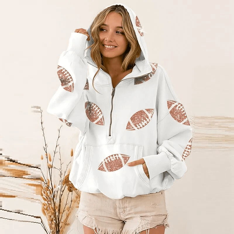 Sporty casual women's hoodie with front pockets and hood, featuring sequin football motifs and loose fit for ultimate comfort.